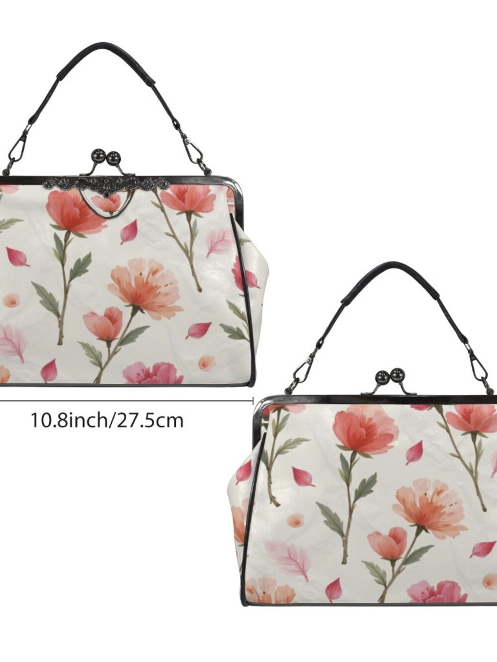 🌹Rose Floral Kisslock Crossbody Bag Vintage Clasp Waxed PU Shoulder Purse👜 - Picture 7 of 11